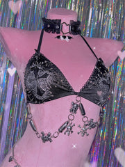 Halter beaded metal applique cross pattern pant set