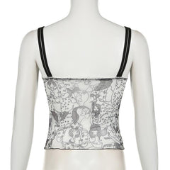 Bowknot mesh patchwork ruffle print cami top