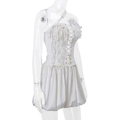 One off shoulder irregular lace up satin ruffle puff skirt set