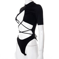 Short sleeve high neck ruched lace up hollow out bodysuit