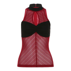 High neck ruched hollow out mesh zip-up tank top