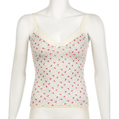 V neck cherry print bowknot lace hem polka dot cami top