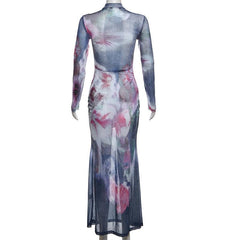 Long sleeve print sheer mesh lace up maxi dress | samba dress