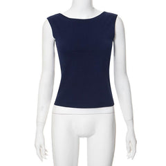 Self tie backless solid cap sleeve round neck top