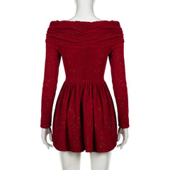 Off shoulder long sleeve beaded bowknot mini dress