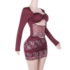 Long sleeve o ring lace hollow out mini dress