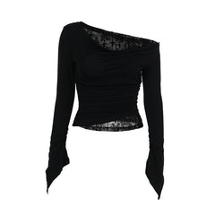 Off shoulder long flared sleeve mesh patchwork top