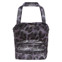 Halter metal tag leopard print sheer mesh top