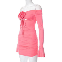 Flower applique hollow out ruched long flared sleeve mini dress