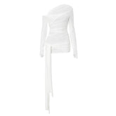 One shoulder long sleeve ruched hollow out knotted top