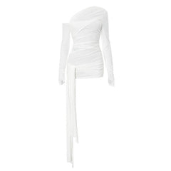 One shoulder long sleeve ruched hollow out knotted top