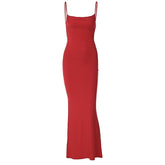 Square neck backless solid sleeveless cami maxi dress | red tango dress
