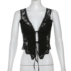 Deep v neck lace self tie button ruffle top
