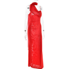 Halter mesh slit backless maxi dress | red tango dress