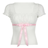 Short sleeve bowknot ribbon ribbed lace top