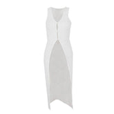 U neck slit button solid sleeveless long top