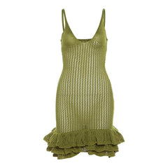 Crochet v neck sleeveless hollow out ruffle mini dress | red tango dress