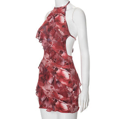 Halter self tie flower print backless ruffle mini dress | red tango dress