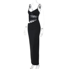 V neck mesh hollow out cami maxi dress