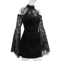 Off shoulder long flared sleeve lace velvet mini dress