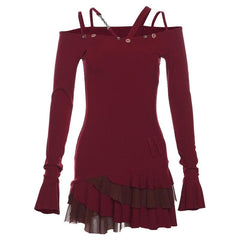 Metal chain button ruffle contrast off shoulder long sleeve mini dress | red tango dress