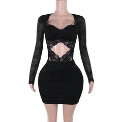 Long sleeve hollow out lace zip-up mini dress