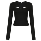 Lace hem hollow out contrast crewneck long sleeve cut out top