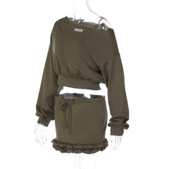 Long sleeve off shoulder self tie ruffle crop mini skirt set