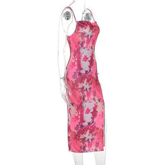 Cowl neck ruched print slit cami midi dress