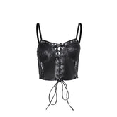Lace up PU leather patchwork lace rivet cami top