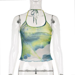 Halter sheer mesh tie dye backless top