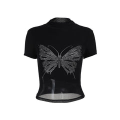 Short sleeve high neck butterfly beaded top