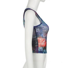 Sleeveless u neck print sheer mesh tank top