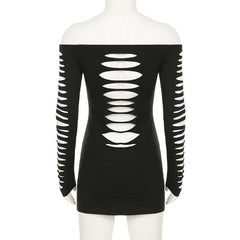 Off shoulder long sleeve hollow out mini dress