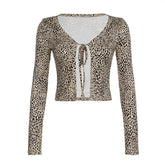 Leopard print long sleeve self tie crop top