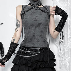Sleeveless high neck buckle patchwork top