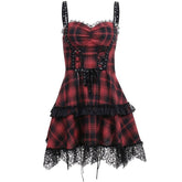 Zip-up lace hem lace up plaid backless mini dress | red tango dress