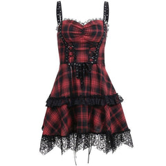 Zip-up lace hem lace up plaid backless mini dress | red tango dress