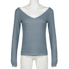 V neck long sleeve striped top