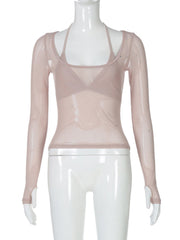 Halter v neck long sleeve mesh 2 piece top