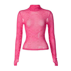 Sheer mesh see through solid long sleeve gloves print high neck top
