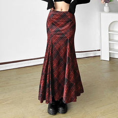 Plaid zip-up ruffle maxi skirt