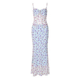 Print ruched high slit sweetheart neck mesh cami maxi skirt set