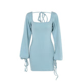 Long sleeve u neck self tie backless mini dress