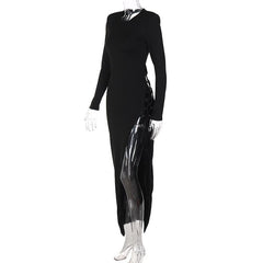 Lace up irregular long sleeve hollow out backless maxi dress
