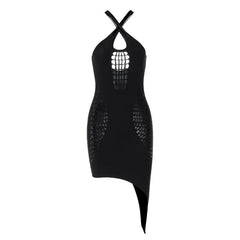 Hollow out solid irregular cross front backless mini dress | black rave dress | black rave dress
