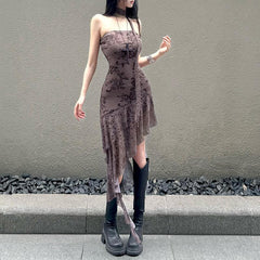 Irregular flower print mesh ruffled tube midi dress