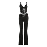 V neck PU leather lace up cami pant set