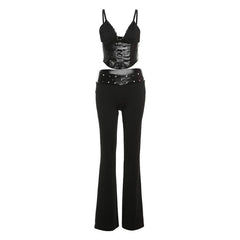 V neck PU leather lace up cami pant set