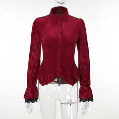 Turnover collar long sleeve corduroy lace hem top